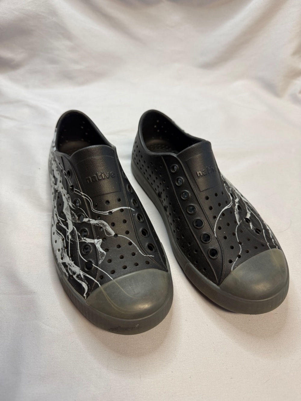 Native Women's Black Slip-On Sandals/water shoes with White Marble Accents